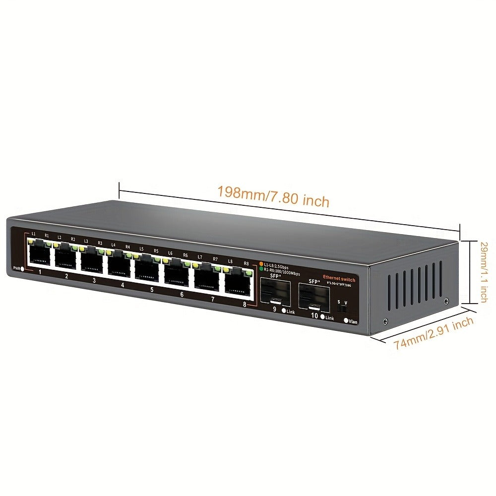 10-Port 2.5G Network Switch with 10G SFP+ Uplink - Fanless Metal Unmanaged Ethernet Switch, 8x 2.5GbE RJ45