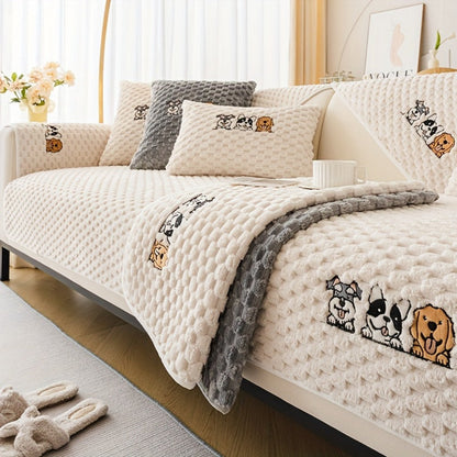 Sofa Cover, Honeycomb Velvet Animal-Embroidered Couch Pad with Backing Detail in Three Colors