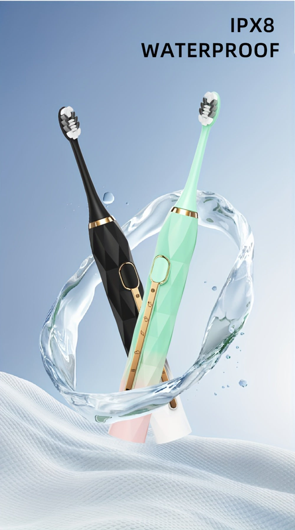 Electric Toothbrush Set with IPX8 Rating, 10 Brush Heads, Travel Case, Holder and Five Color Bundles