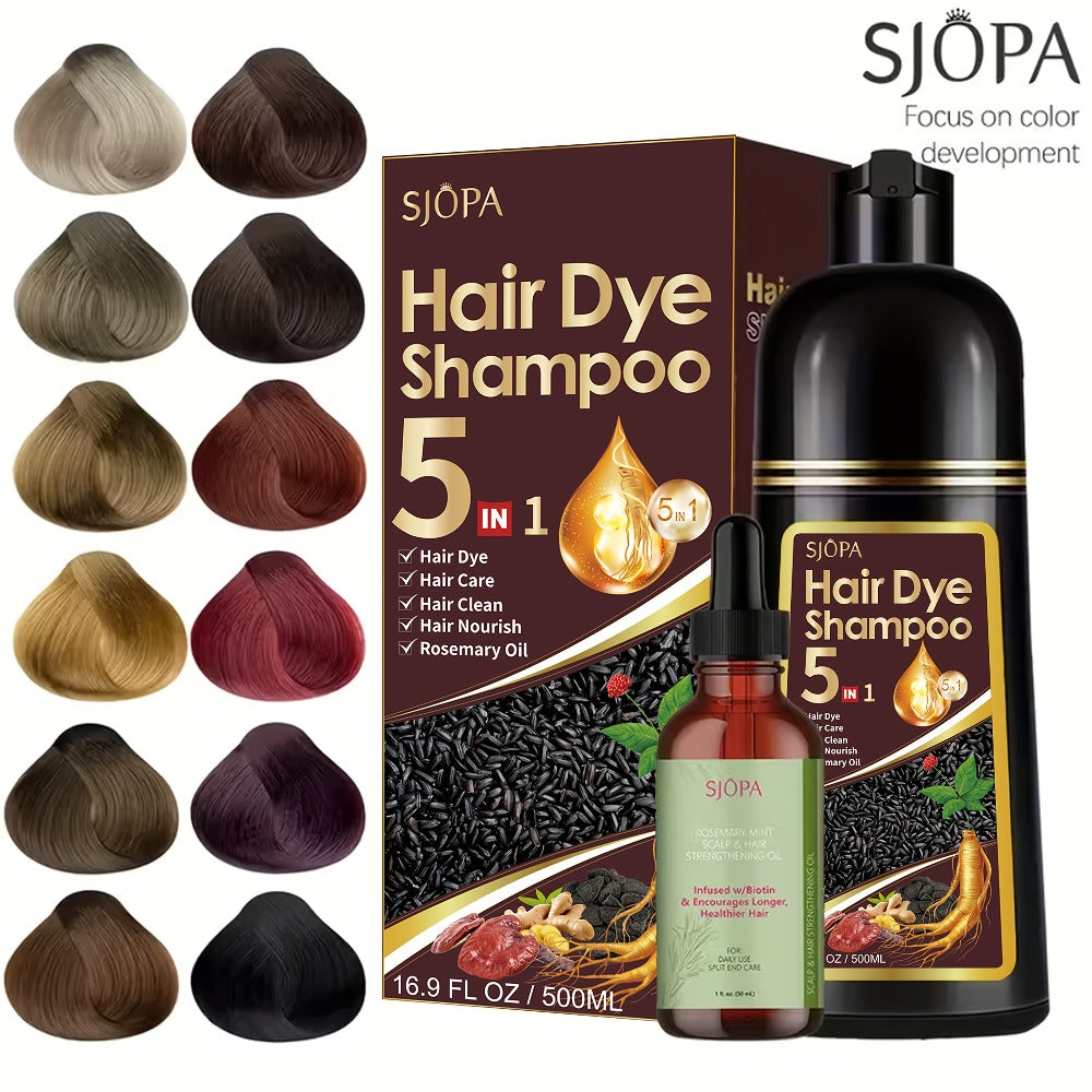 Rosemary Oil Hair Coloring Shampoo 5-in-1 Herbal Formula 500ml - 100% Gray Coverage for Bath Time, Home Spa and Personal Care