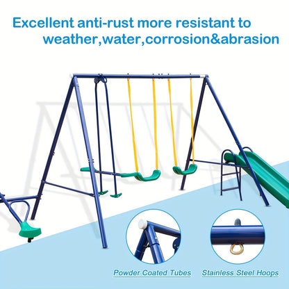 Heavy Duty A-Frame Metal Swing Set for Backyard with 2 Swings Slide Glider Seesaw Disc Seat Outdoor Playset for Kids Toddlers Backyard Play