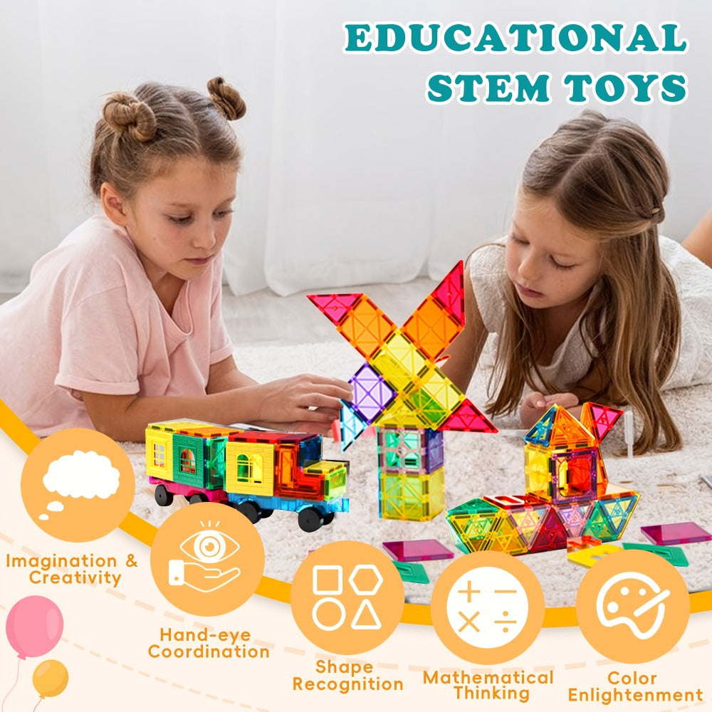 Magnetic Tiles Building Set for Kids 3 4 5 6 7 8 – 80 106 136 205pcs Clear 3D Magnet Building Blocks STEM Educational Toy Child-Safe ABS