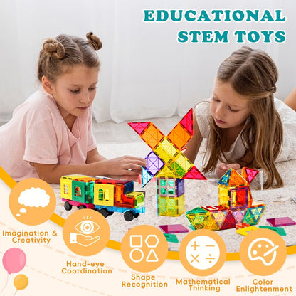 Magnetic Tiles Building Set for Kids 3 4 5 6 7 8 – 80 106 136 205pcs Clear 3D Magnet Building Blocks STEM Educational Toy Child-Safe ABS