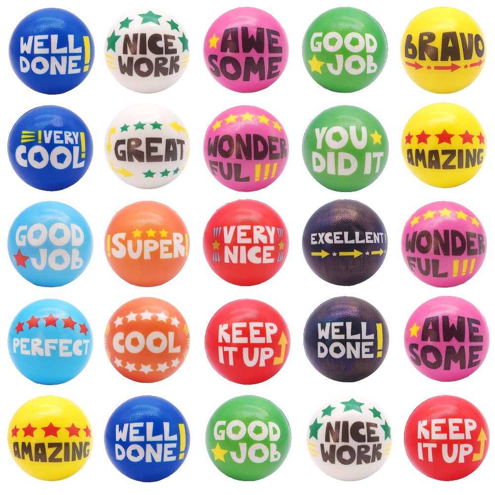 Motivational Squeeze Stress Balls 24 Pack Multicolor, 2.48" Squishy Balls with Positive Affirmation Slogans for Classroom Prizes