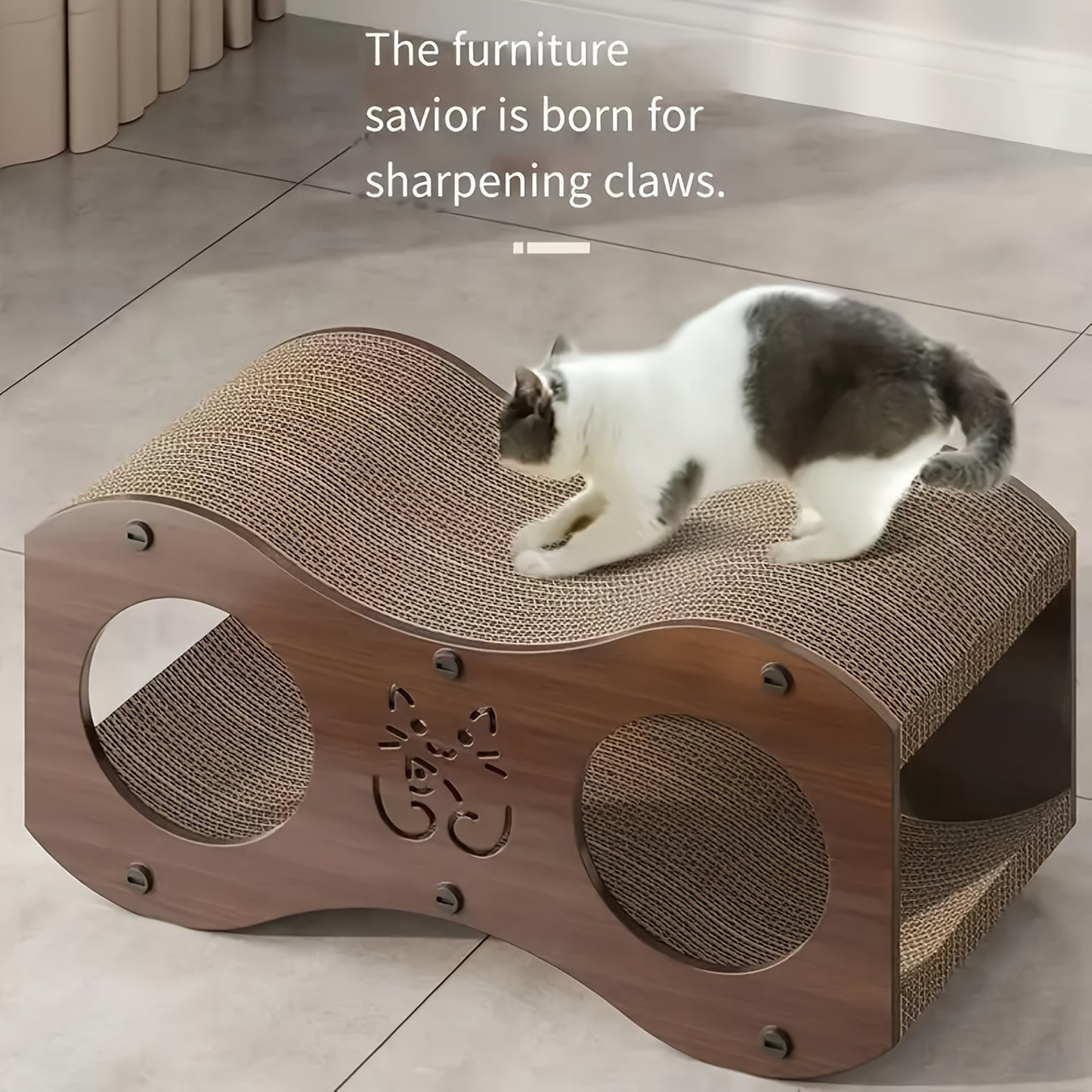 Cat Scratching Post with Integrated Cat Bed – Sturdy Walnut Wood Base, 4-Season Woven Scratch Pad, Indoor Cat Scratcher Lounge