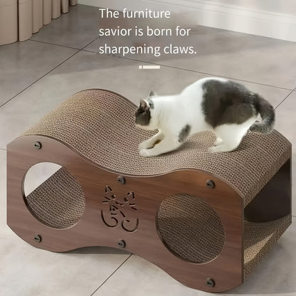 Cat Scratching Post with Integrated Cat Bed – Sturdy Walnut Wood Base, 4-Season Woven Scratch Pad, Indoor Cat Scratcher Lounge