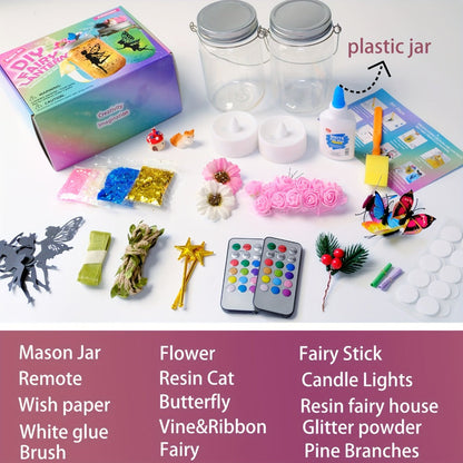 Fairy Mason Jar Lantern Craft Kit for Two Lights with Color-Changing LED Candles and Remote Control