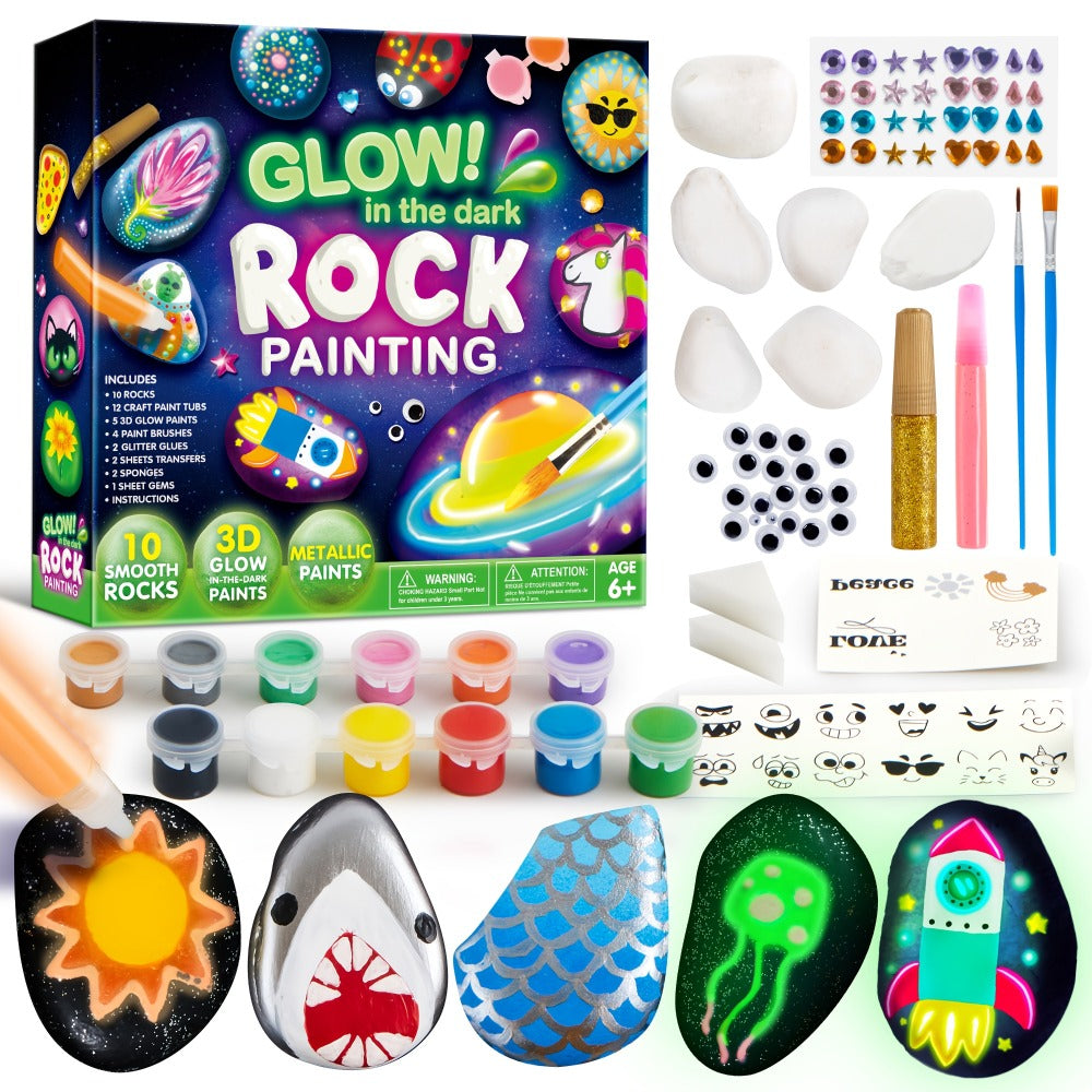 Glow Rock Painting Craft Kit with 10 Rocks, Paints, Brushes, Gems and Stickers in One- or Two-Pack Options
