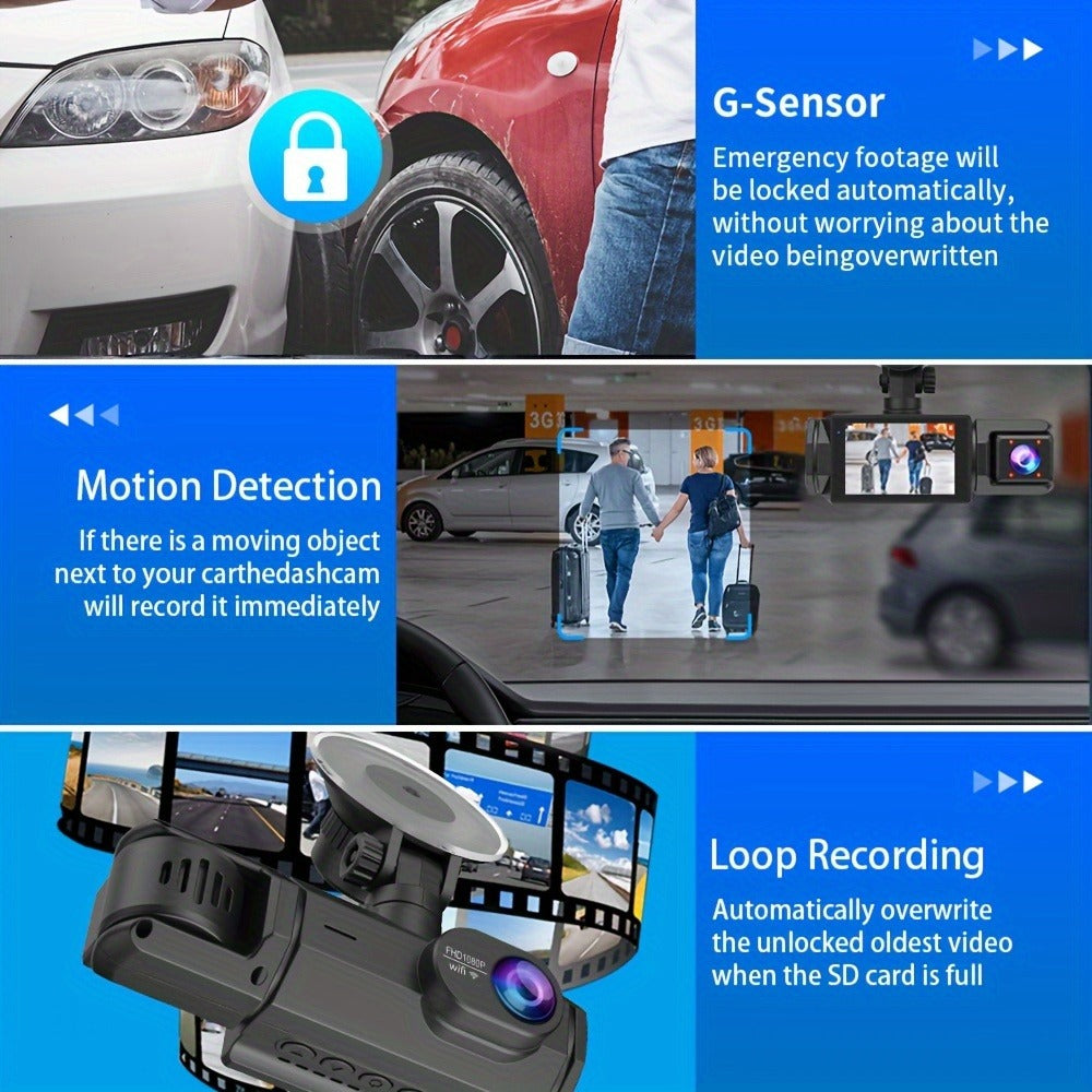 1080P-Labeled Dash Camera with Two- or Three-Lens Options, Screen and Optional WiFi or 32GB Card