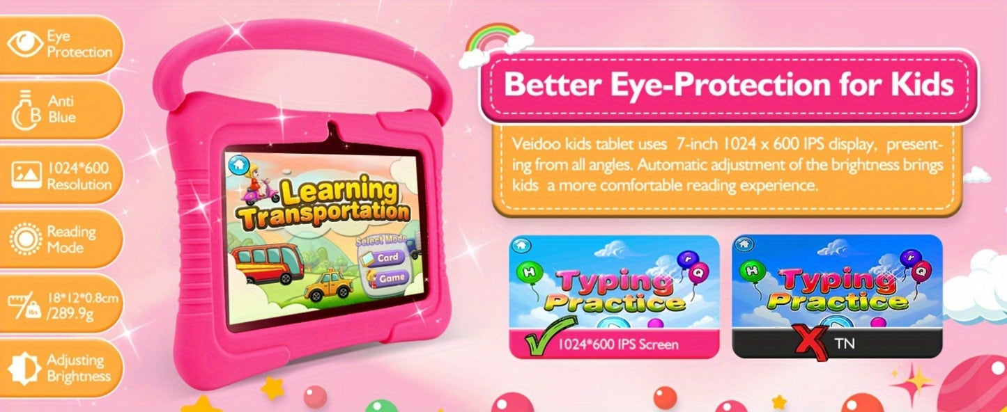 Veidoo 7 Inch Kids Tablet with Drop-Proof Silicone Cover – Eye Protection Screen, WiFi, 2GB RAM 16GB/32GB ROM, Dual Camera
