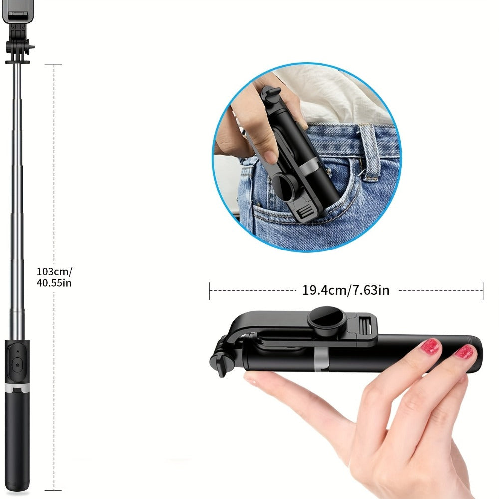 40.55-Inch Foldable Phone Tripod and Selfie Stick with Black Finish, Adjustable Holder and Remote