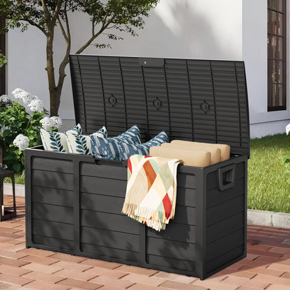 75-Gallon Outdoor Storage Box with Hinged Lid, Side Handles and Black or Gray Checkout Options