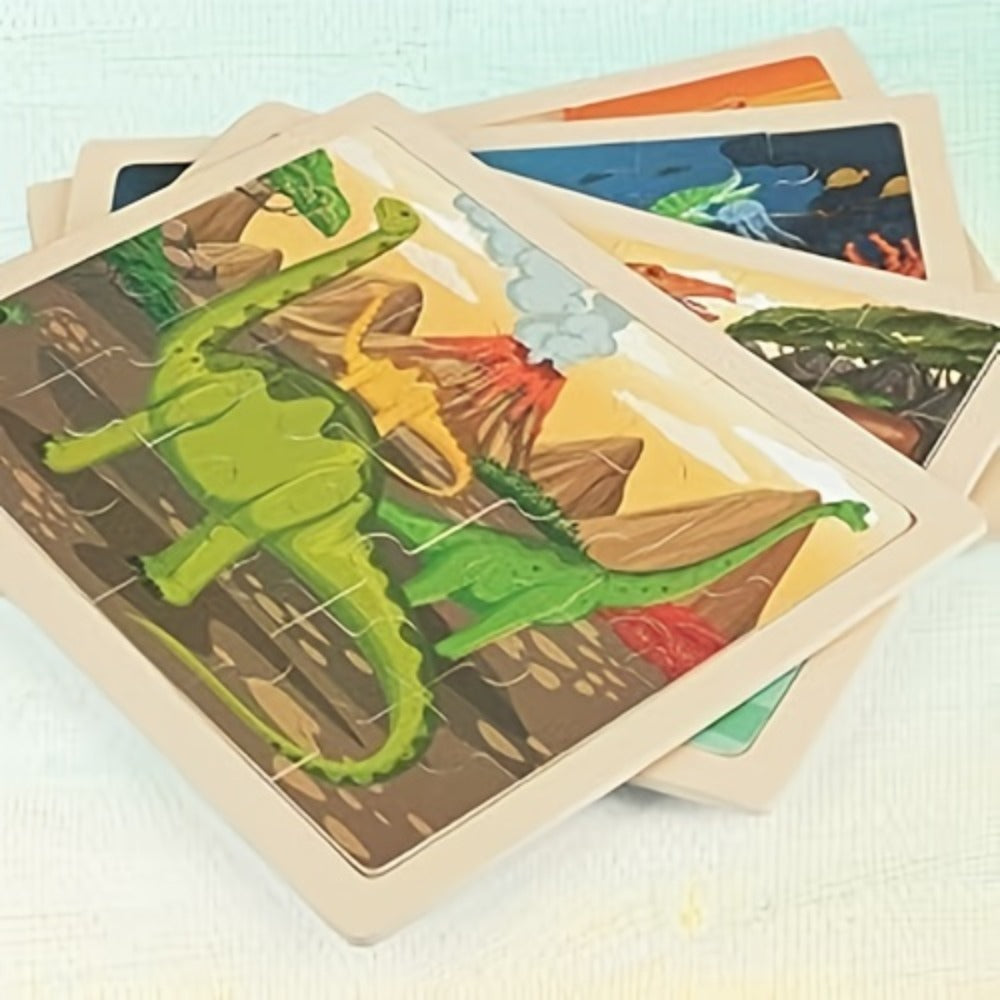Dinosaur Puzzle Set for Kids Ages 3-8 Wooden 4-in-1 Jigsaw with 24 Pieces Each, Colorful Preschool Educational Toy for Boys & Girls