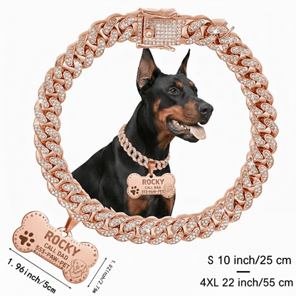 Custom Dog Collar Cuban Chain with Engravable Pet ID Tag – Personalized Name & Phone Number Plate for Small Medium Large Dogs & Cats