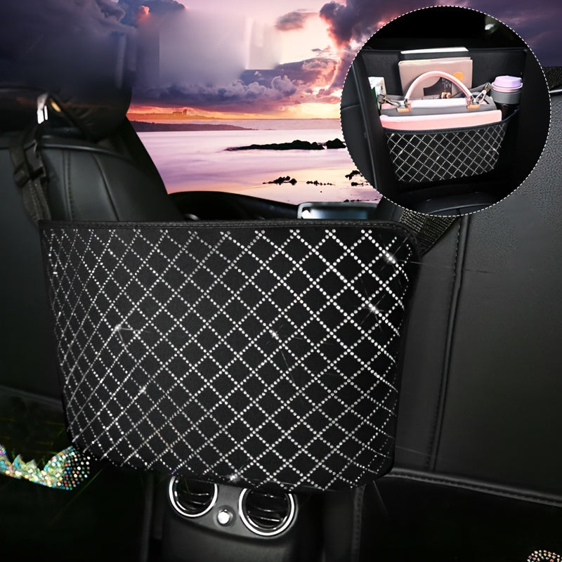 Rhinestone Car Seat Back Purse Holder and Mesh Barrier in Six Crystal Color Checkouts for Cars and SUVs