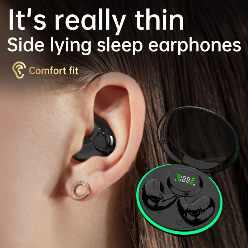 Low-Profile Round-Case Mini Sleep Earbuds with Digital Battery Display in Black, Khaki or White