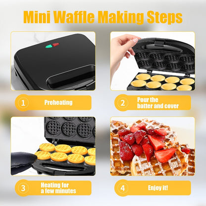 Mini Waffle Maker Machine Makes 8 Bite-Sized 2-Inch Waffles, Dual Non-Stick Aluminum Plates, Cool-Touch Handle