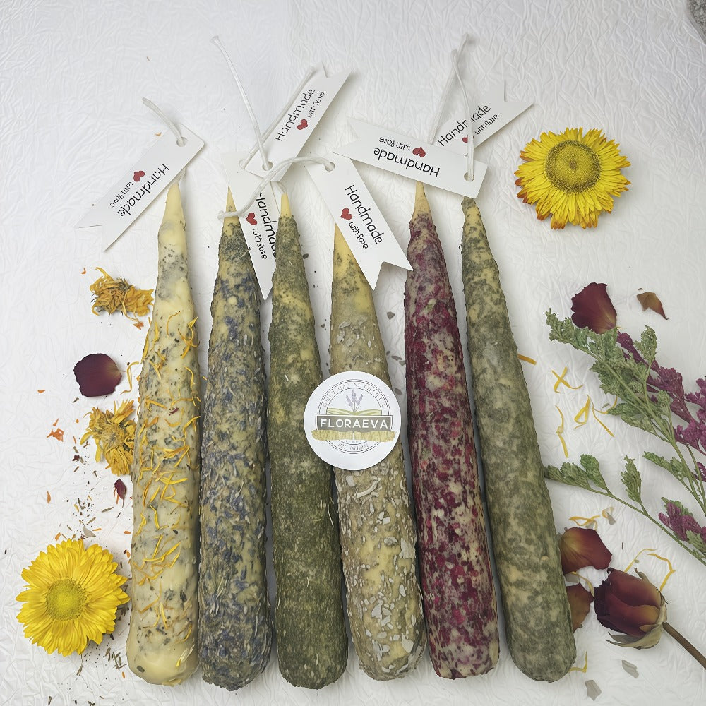 Handmade Herbal Scented Candles Set of 6, Dried Flower Pillar Candles, Sage Lavender Cedar Mint Rose Scents