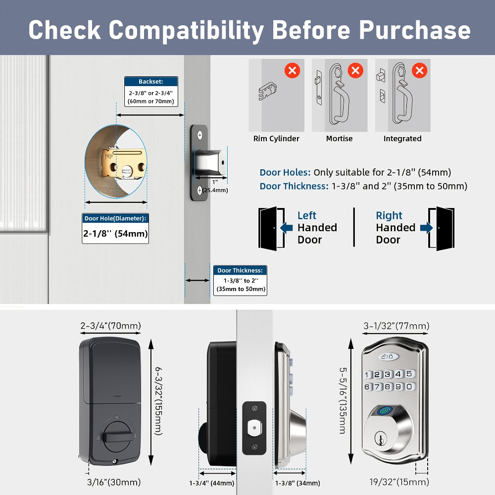 Smart Door Lock Deadbolt with Fingerprint Keypad App and Key Access in Black or Silver Options