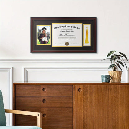 Diploma Frame 11x22 with Tassel Holder for 8.5x11 Certificate and 5x7 Photo, Mahogany Frame with Gold Beads