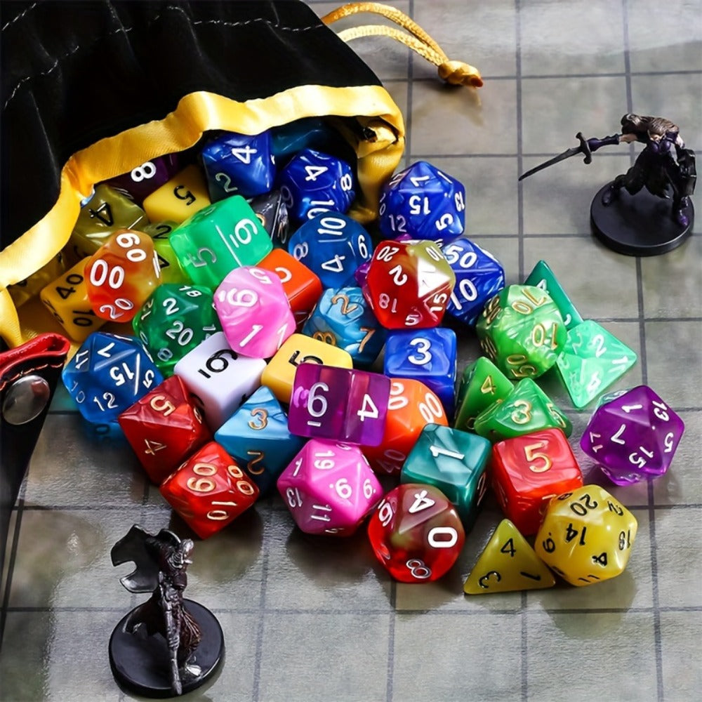 Polyhedral Dice Set 105 Pieces 15 Sets of 7 – D4 D6 D8 D10 D12 D20 in 15 Vibrant Colors with Large Drawstring Bag