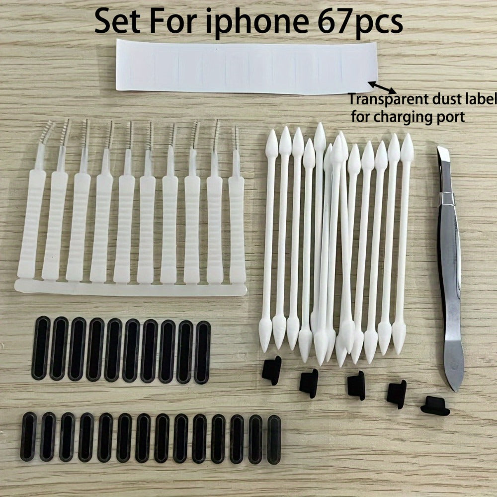 Phone Dust Plug Kit 67PCS – Type-C & Lightning Port Protectors, Speaker Dust Mesh Stickers, Cleaning Brush Set
