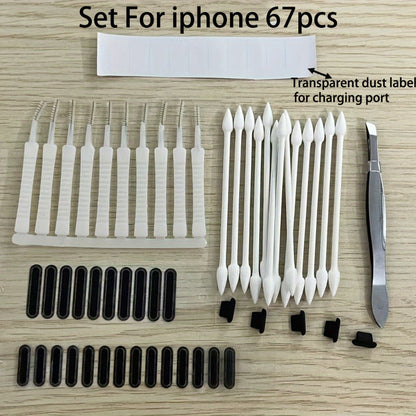 Phone Dust Plug Kit 67PCS – Type-C & Lightning Port Protectors, Speaker Dust Mesh Stickers, Cleaning Brush Set