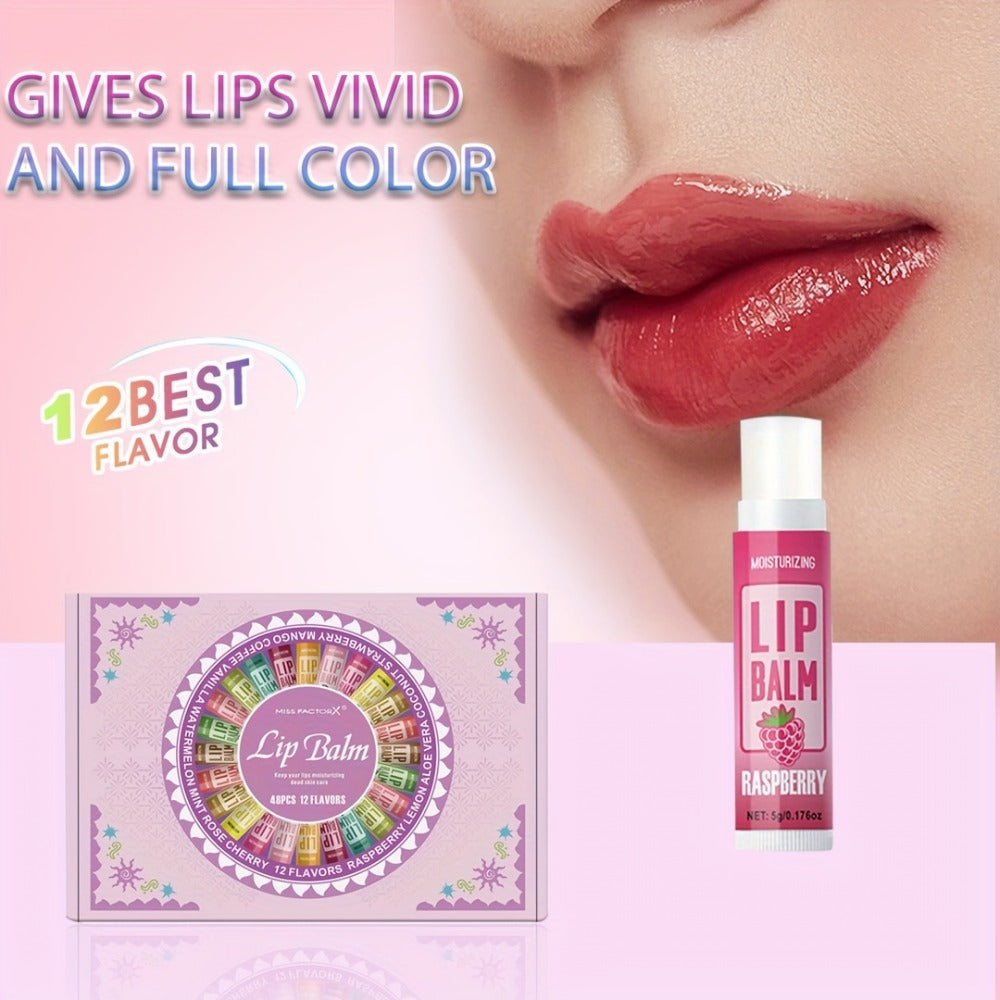 Lip Balm Gift Set 48pcs MISS FACTORX – Moisturizing Glycerin Lip Butter, Hypoallergenic Natural Finish for All Skin Types
