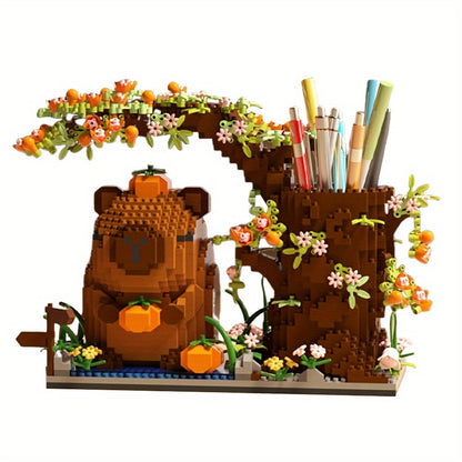 Building Block Set Capybara Pen Holder, 1880 Micro Pieces with Flowering Tree, Pencil Storage and 22cm Base