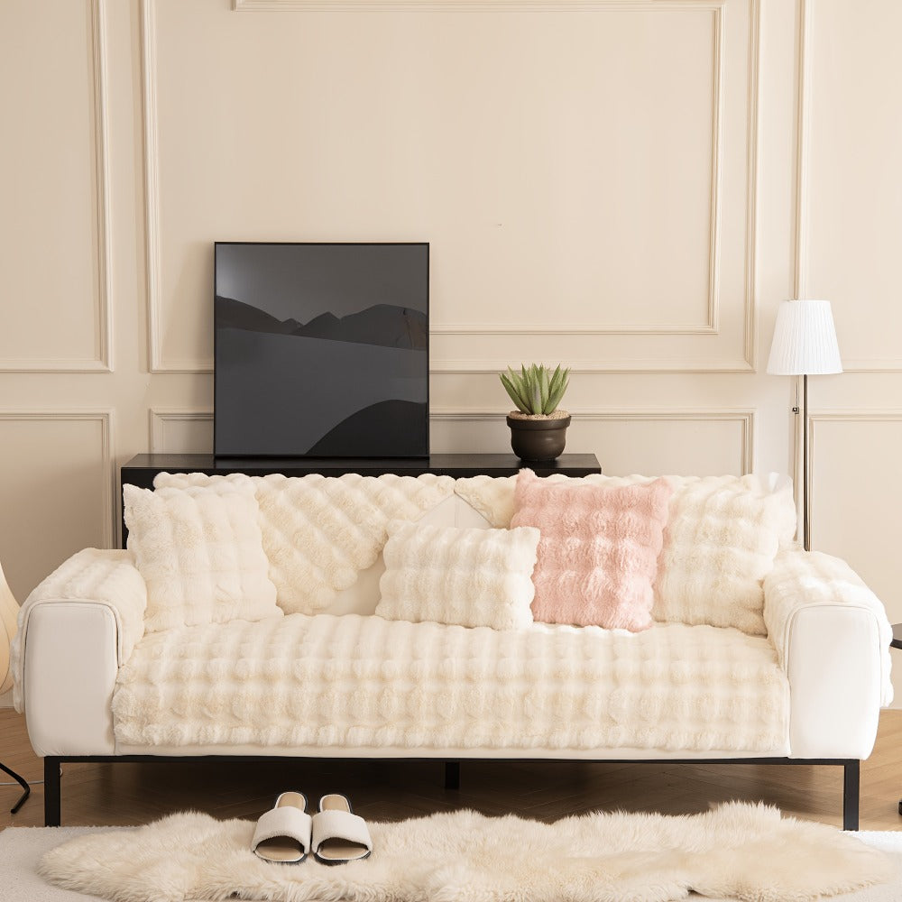 Sofa Cover Bubble Faux Rabbit Fur Panels with Silicone-Dot Backing for Seat, Armrest or Backrest