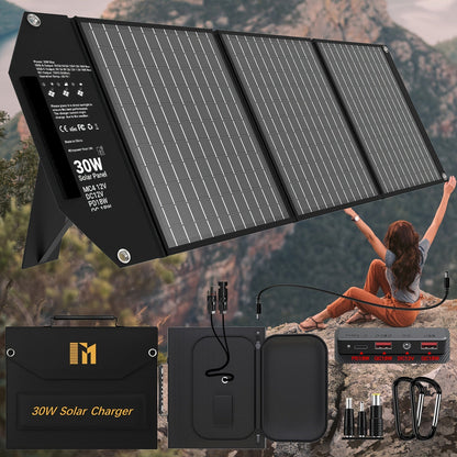 Portable Solar Panel Charger 30W 60W 100W Foldable Camping Solar Charger with 18V MC4 Dual USB-A QC3.0 USB-C PD18W Ports for Camping RV