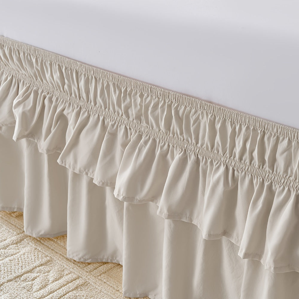 Double Ruffle Bed Skirt 16" Drop, Elastic Wrap Around Dust Ruffle for Twin Full Queen King Bed, Easy Install Linen Poly Blend Bedskirt