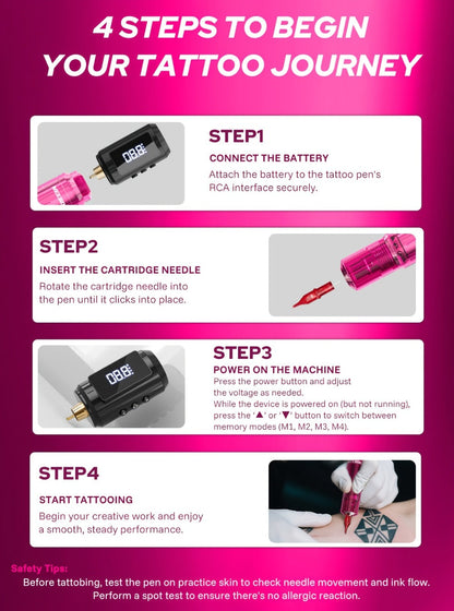 Tattoo Machine Kit Neebol A-07, A-07 Pro or B-08 Cordless Pen with 1600mAh Battery, 20 Cartridges and 8 Inks