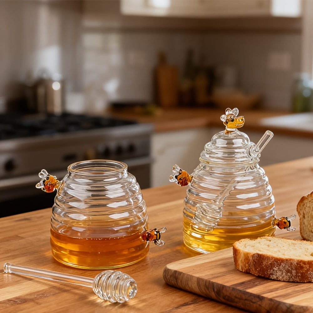 480ml Beehive-Shaped Glass Storage Jar with Honeycomb Accents, Matching Lid and Spiral-Ended Stirrer