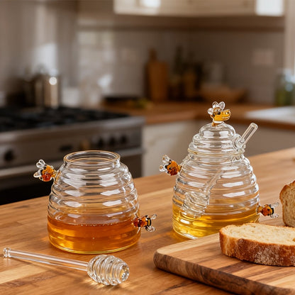480ml Beehive-Shaped Glass Storage Jar with Honeycomb Accents, Matching Lid and Spiral-Ended Stirrer