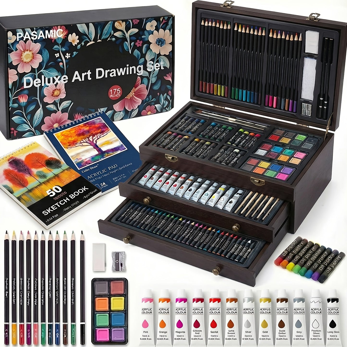 172 Piece Deluxe Art Set in Wooden Case with 2 Drawing Pads Crayons Acrylic with the Listed Color, Size or Set Options for Everyday Use