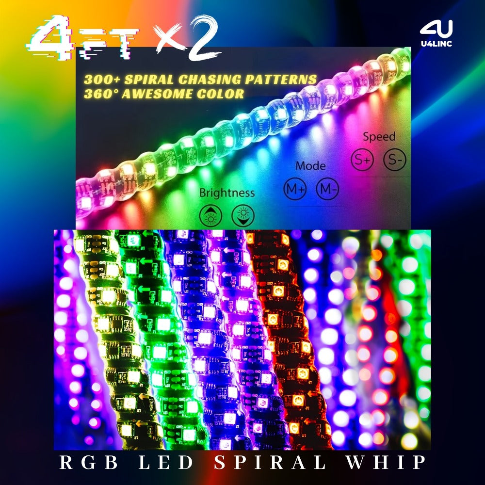 RGB LED Whip Lights for UTV ATV – 1ft/2ft/3ft/4ft Spiral Color Changing Neon Light Whips with Remote & App Control, Music Sync