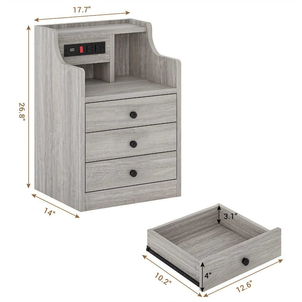 Nightstand 3-Drawer Hutch with Two AC Outlets, Two USB Ports and Gray or White Bedroom Finish