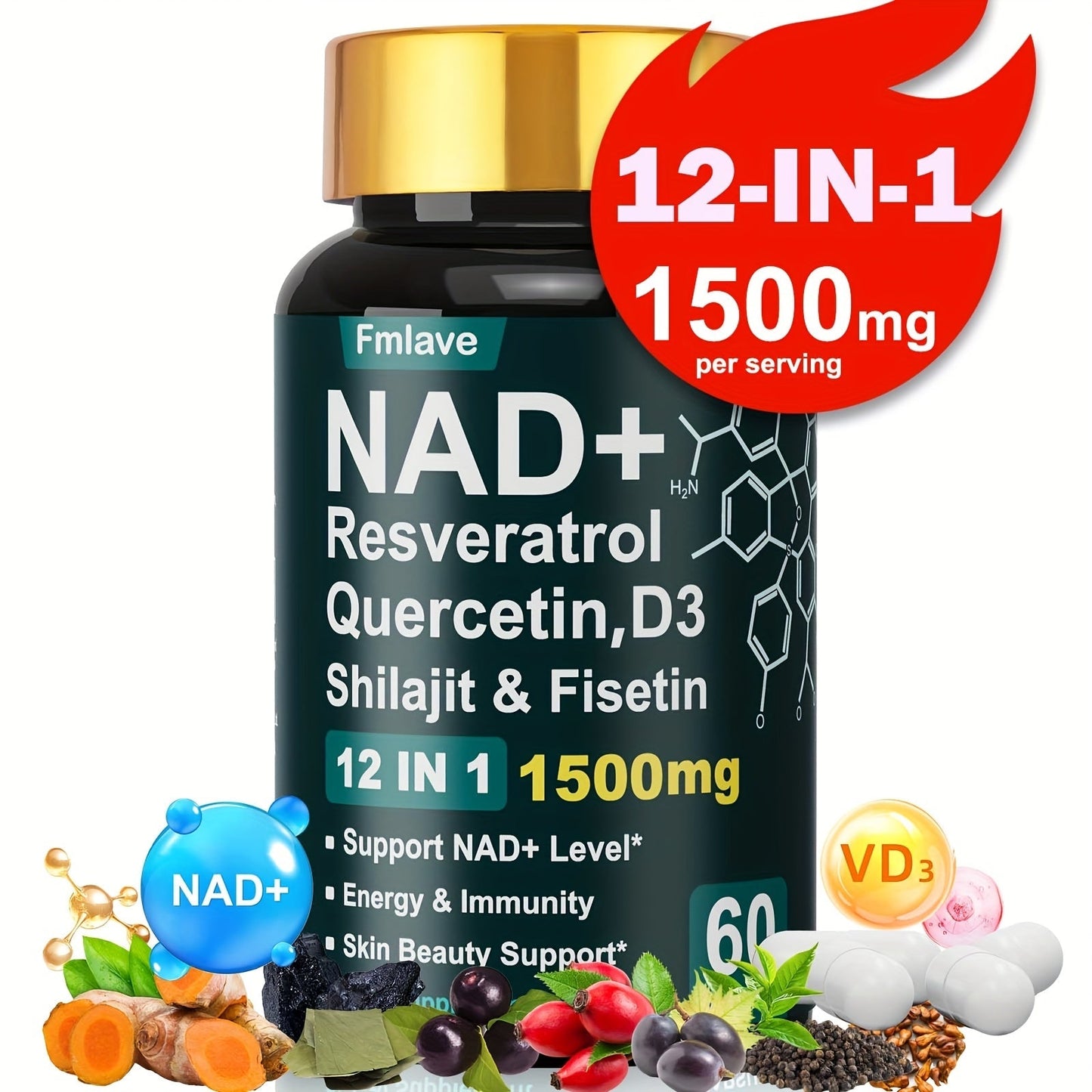 NAD+ Supplement Capsules 1500mg 12-in-1 with Nicotinamide Riboside & Quercetin for Bath Time, Home Spa and Personal Care