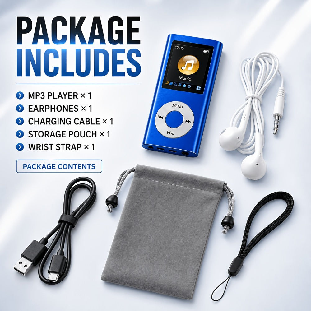 Aluminum-Alloy MP3 Player with 64GB Card Support, 1.8-Inch LCD, Earphones and Charging Cable in Red or Black