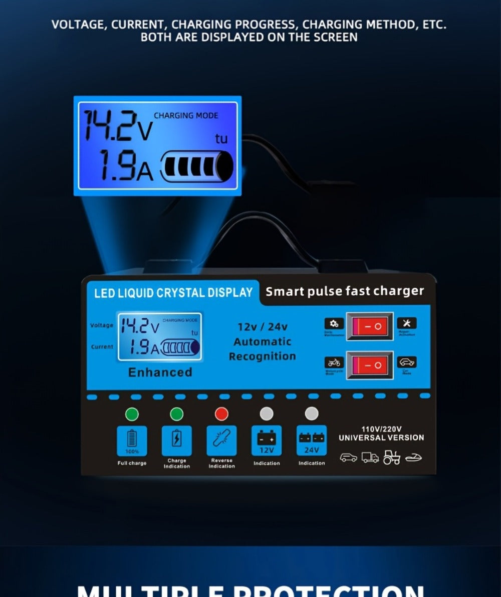 Intelligent Battery Charger & Inverter 12V & 24V – LCD Display, Trickle Maintenance, Overcharge & Short Circuit Protection for Cars Yachts