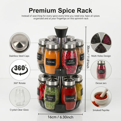 Glass Spice Jar Set with Rotating Rack, Airtight Kitchen Spice Organizer with 360° Stainless Steel Stand