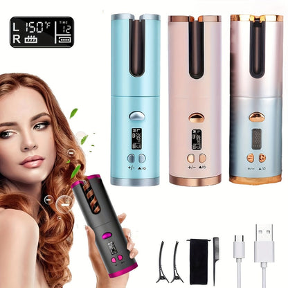 USB-Rechargeable Automatic Curling Chamber with Six Heat Settings, LCD Timer and Four Color Options