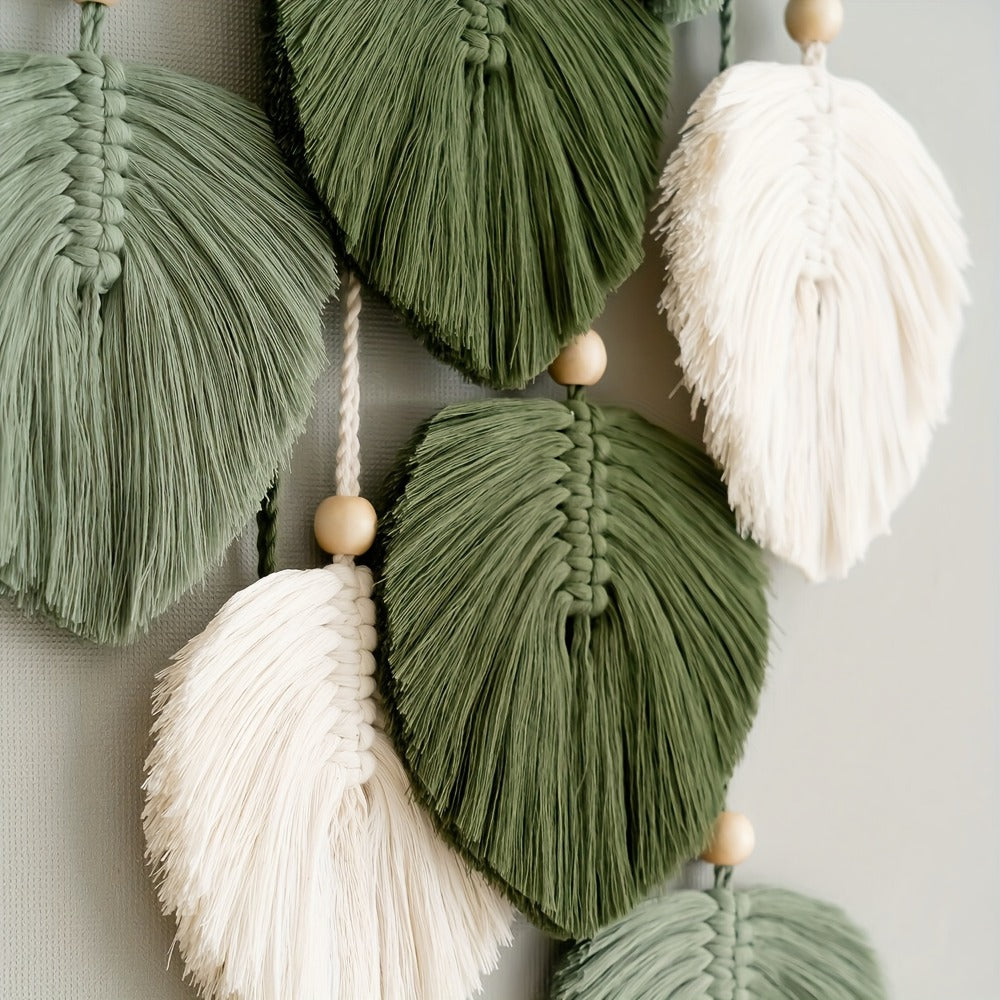 Bohemian Wall Hanging Tapestry Handmade Green Leaf Design – Natural Acrylic Wall Art for Living Room Bedroom Office Home Decor