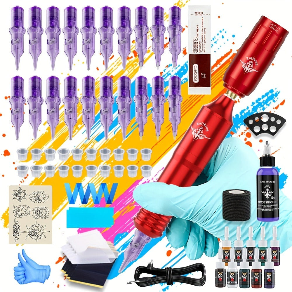 Rotary Tattoo Machine Kit 67pcs, Complete Wireless Tattoo Pen Set with Cartridge Needles, Power Supply
