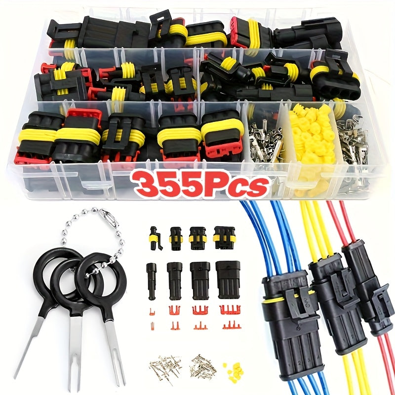 Automotive Connector Terminal Kit in 355-Piece or 352-Piece Set with 1- to 4-Pin Plugs and Seals