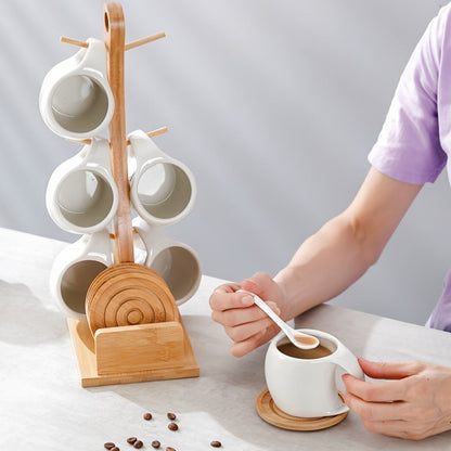 Ceramic Coffee Cup Set of 6 with Wooden Coasters & Cup Holder, 200ml Latte Cappuccino Espresso Tea Mugs