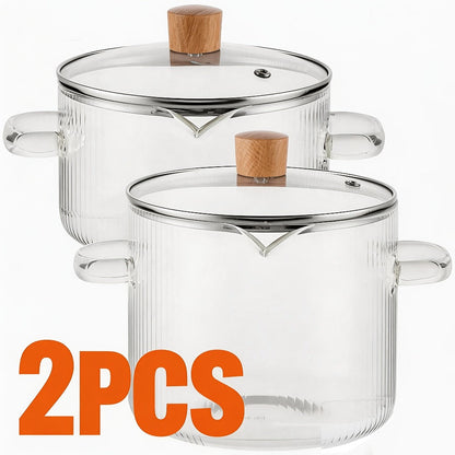 Glass Saucepan Set 2-Pack Stovetop Safe Borosilicate Ribbed Pots with Lids – 78oz & 54oz Heat Resistant Cookware for Soup, Ramen