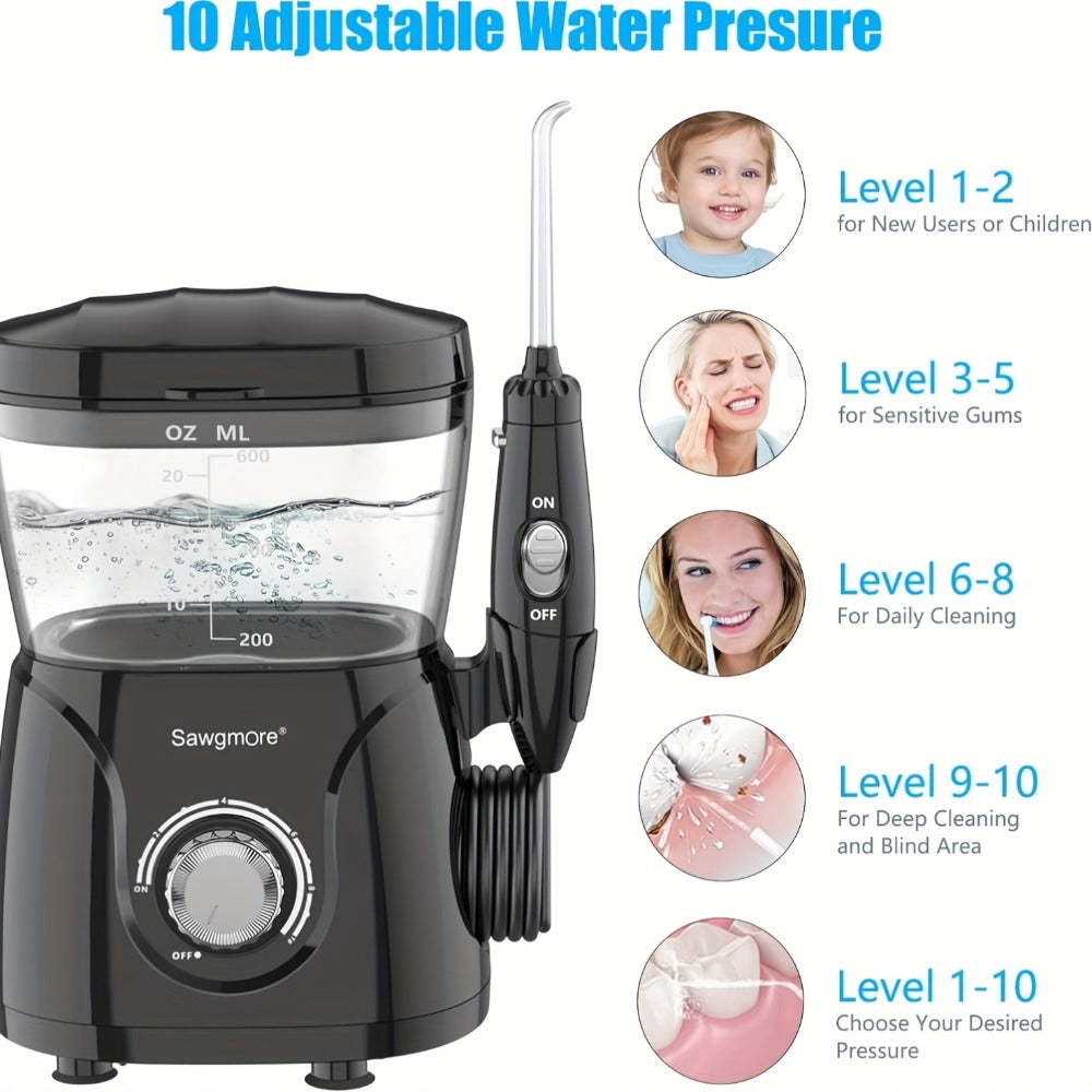 Water Flosser for Teeth & Braces 600ml Large Tank – 10 Adjustable Pressure Levels 8 Nozzles IPX4 Waterproof Professional Oral Irrigator