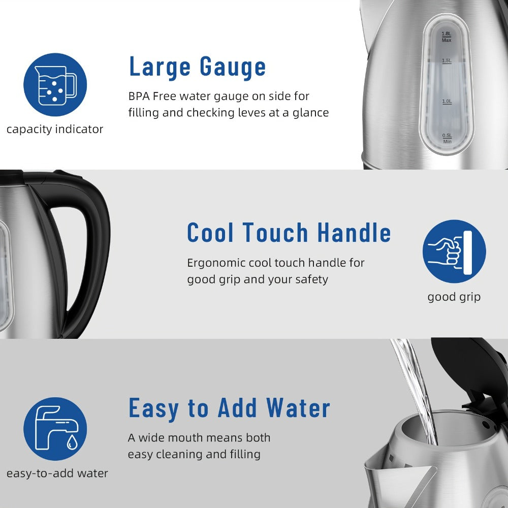 Electric Kettle 1200W Fast Boiling 1.8L Stainless Steel BPA-Free Auto Shut-Off Boil-Dry Protection 360 Swivel Base for Coffee Tea Kitchen
